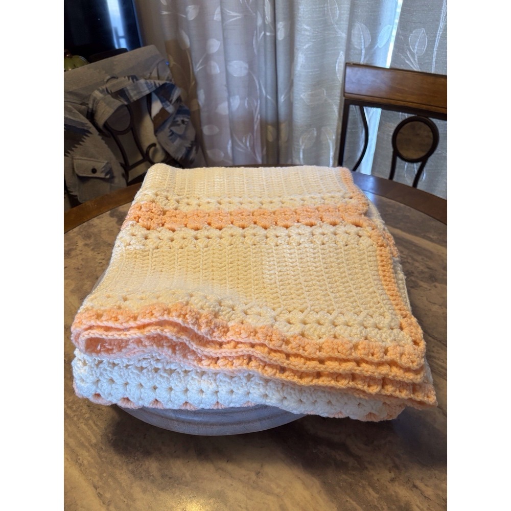 Handmade Crochet Blanket For Baby 56 X 49 Peach White Scalloped Edges